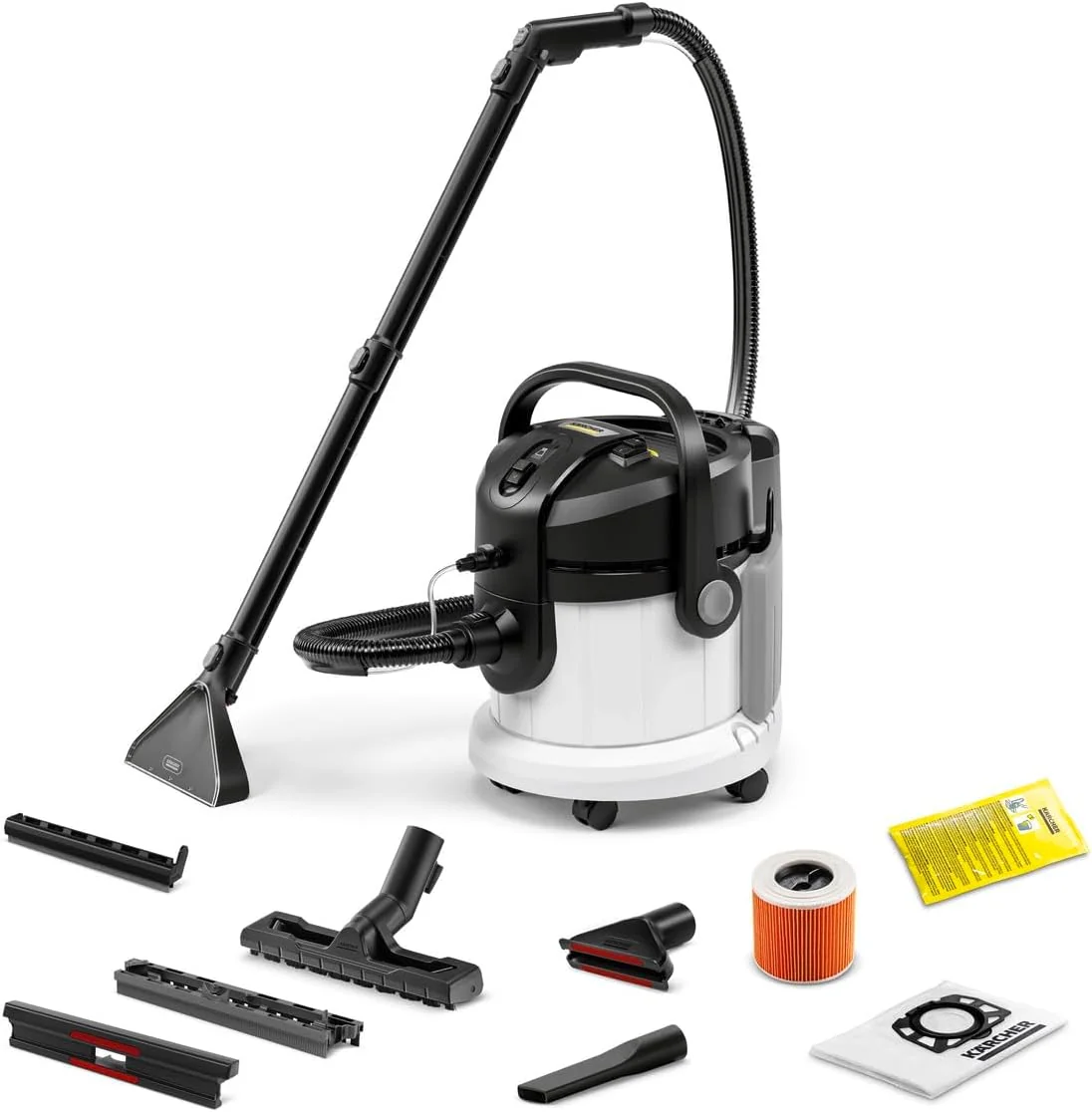 Cleaning equipment including mops, buckets, and trolleys ready for use